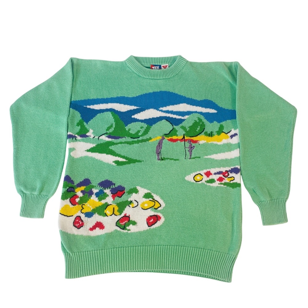 Vtg Tail Sweater Golf Scene Intarsia Knit Cotton Sweater Men's M Green Retro